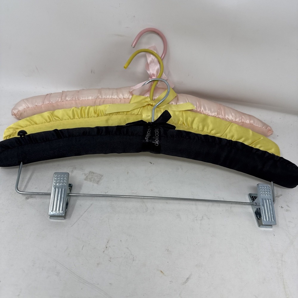 VTG lot of 3 Satin Covered Hangers Padded Ribbons Pants Shirts Delicates